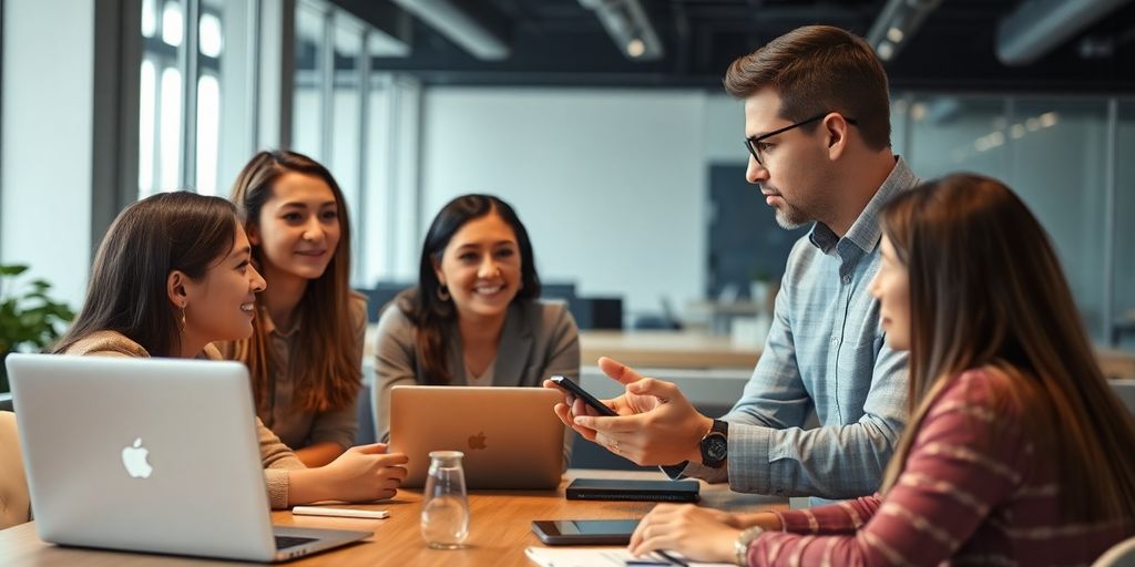 Group of professionals discussing blockchain in a modern office.
