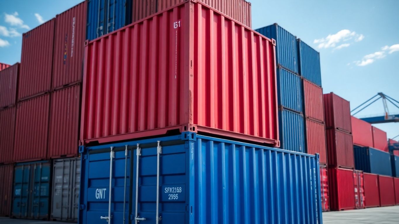 Shipping containers stacked in a sunny port.