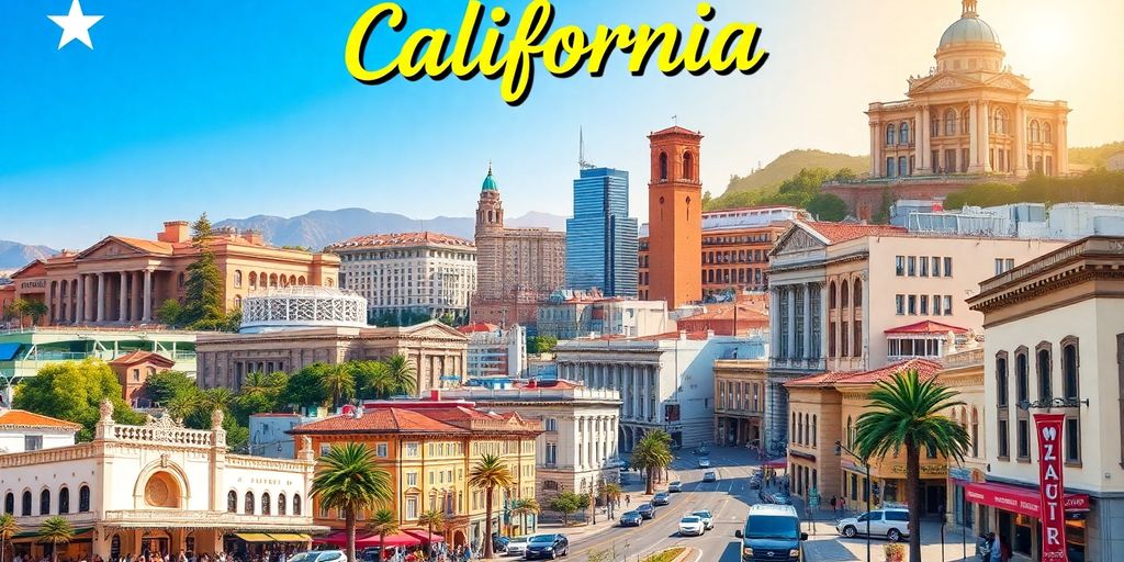 Collage of California cityscapes and historic landmarks.