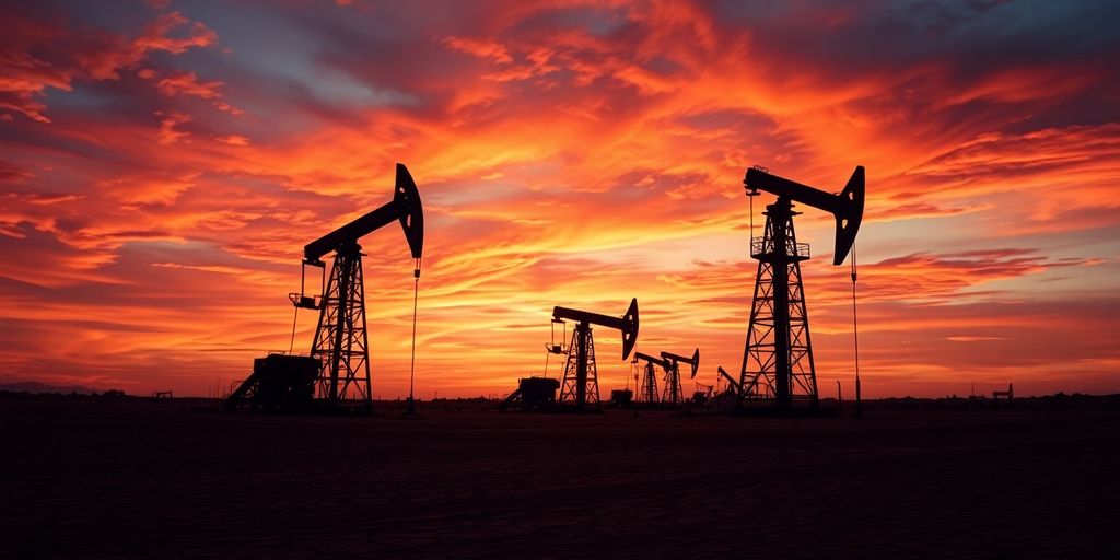 Oil derricks against a fiery, turbulent sky.