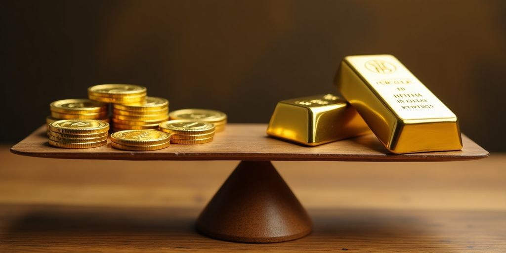 Balance entre pièces d'or et lingots d'or.