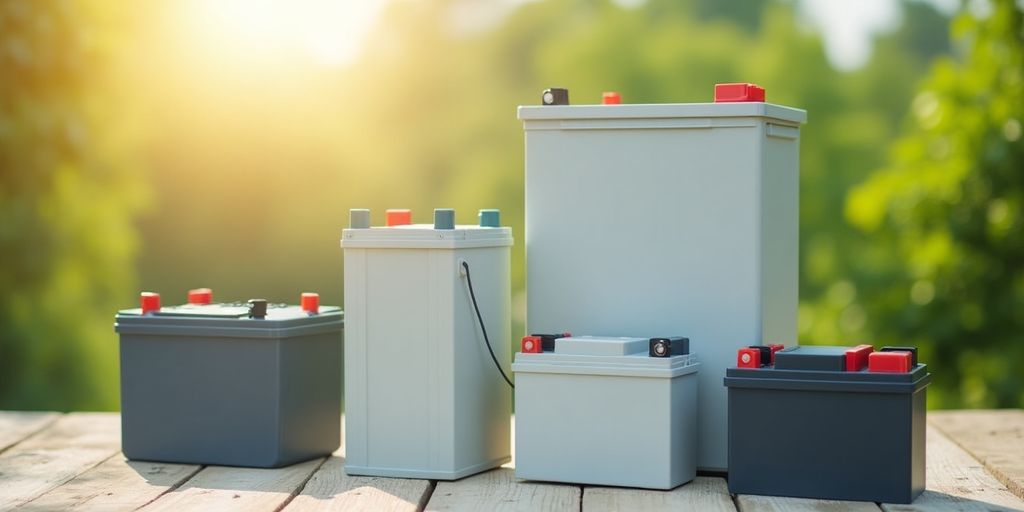 Various solar batteries displayed outdoors in natural light.