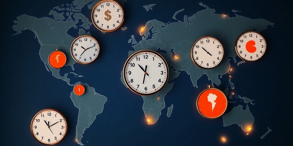 Global clocks, currency, holiday decorations.