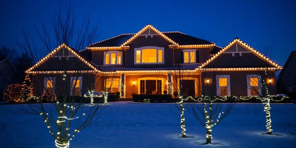 Sparkling Christmas lights on large suburban home.