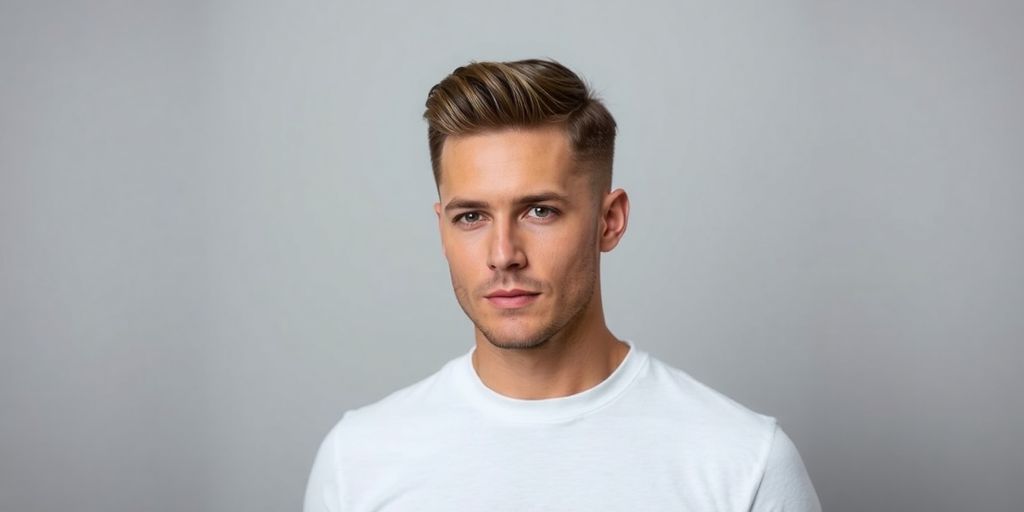 Stylish man with clean haircut and minimalist background.