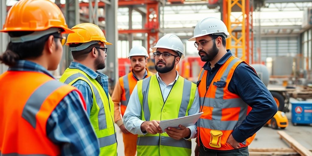 Construction workers evaluating risks on a project site.