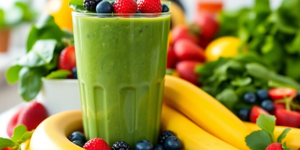 Colorful smoothie ingredients in a fresh kitchen setting.