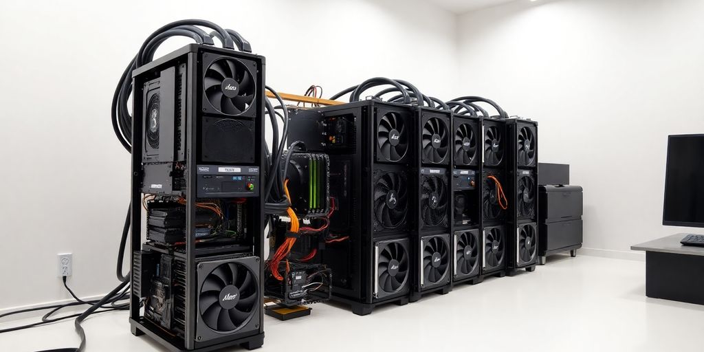 A Bitcoin mining rig with GPUs and cooling fans.