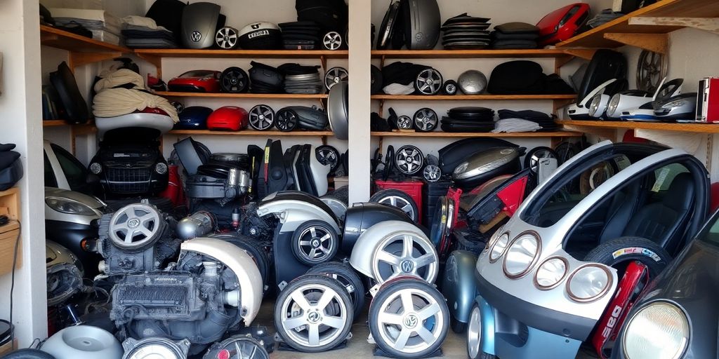 Volkswagen car parts neatly organized in a workshop.