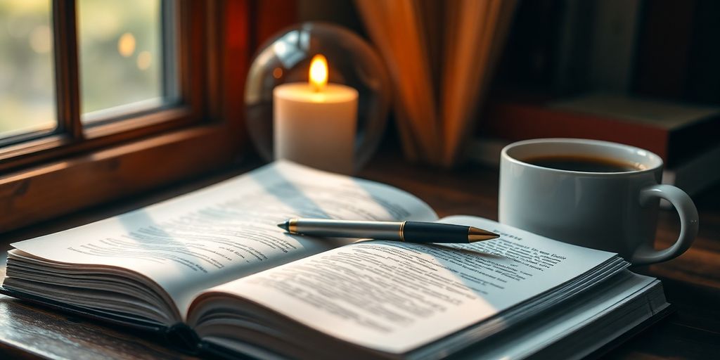 Open book and pen in a cozy study setting.
