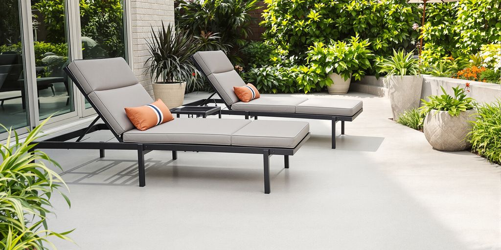 Sunny concrete patio with lounge chairs.