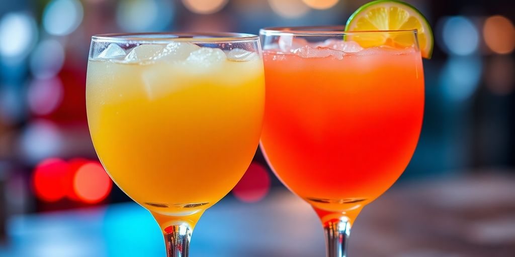 Two frosty margarita glasses clinking together.