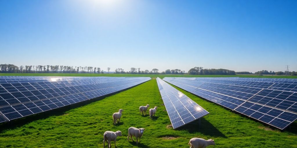 Panneaux solaires et moutons sous ciel bleu