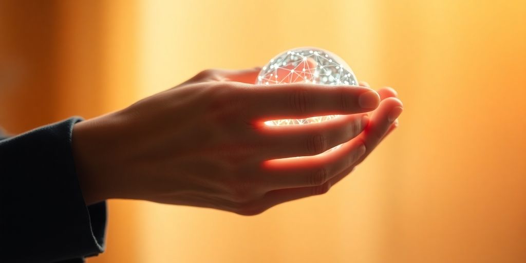 Main tenant une sphère lumineuse de données