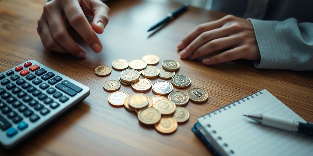 Nahaufnahme von Krypto-Münzen und einem Taschenrechner.