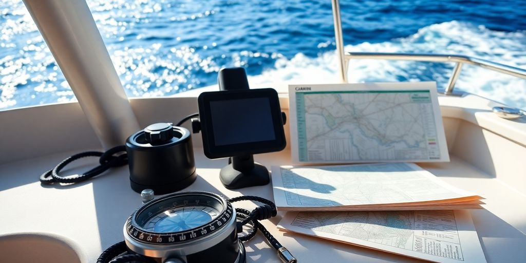 Boat navigation tools on deck against ocean backdrop.
