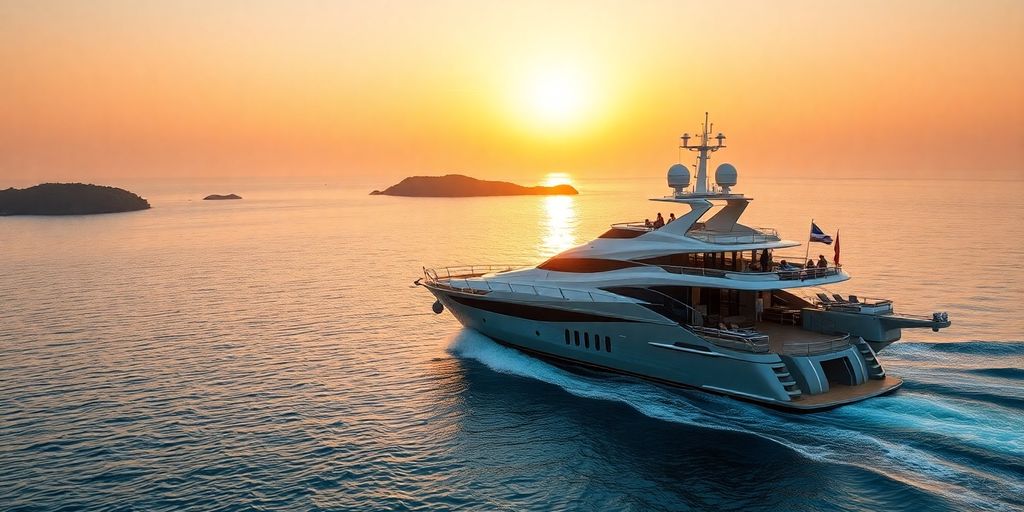 Luxury yacht cruising turquoise waters at sunset.