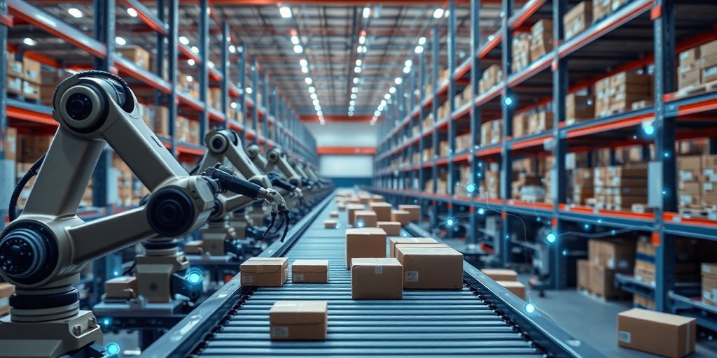 Robots moving packages in warehouse.