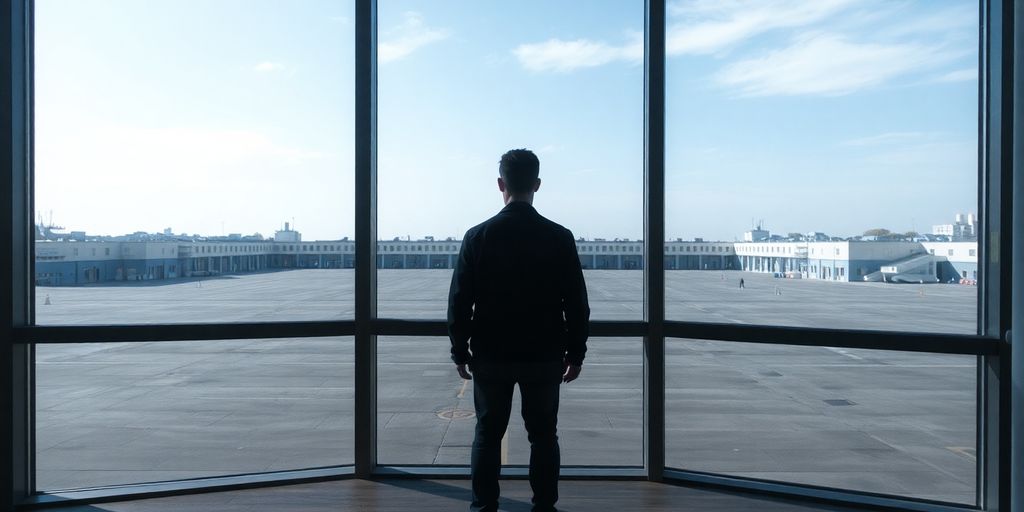 Person looking out a window at an empty street.