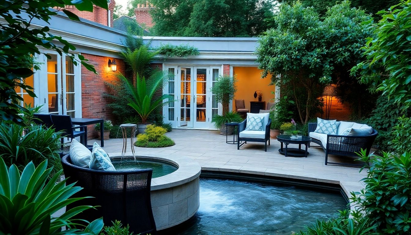 Tranquil London garden with patio and water feature.