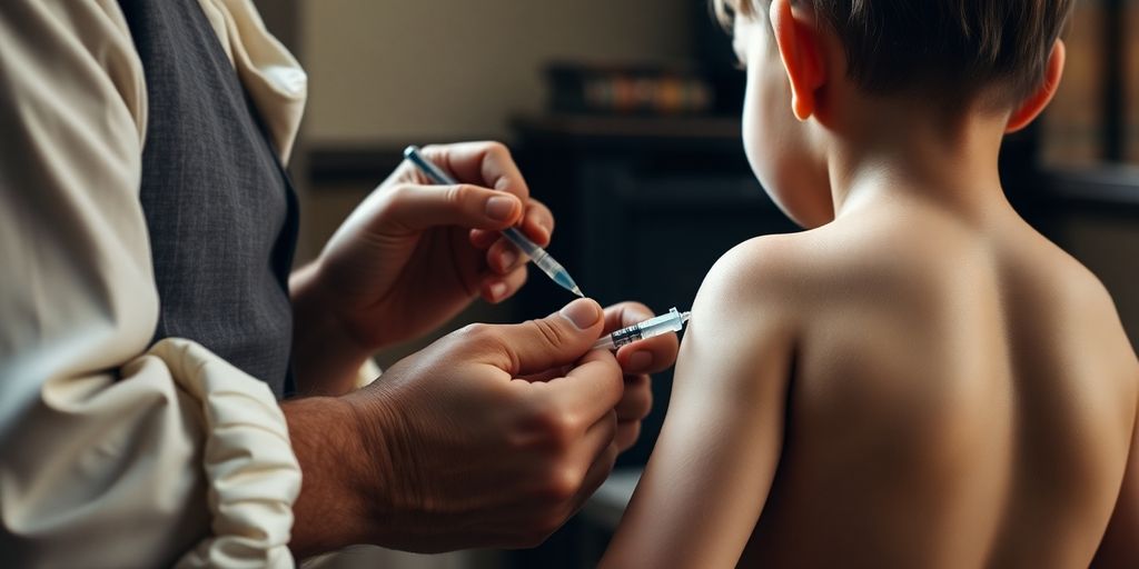 Man performing vaccine injection on a child's arm.