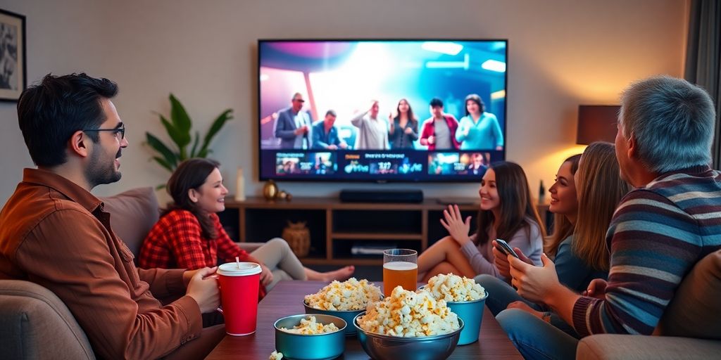 Family enjoying buffer-free streaming together in a cozy room.