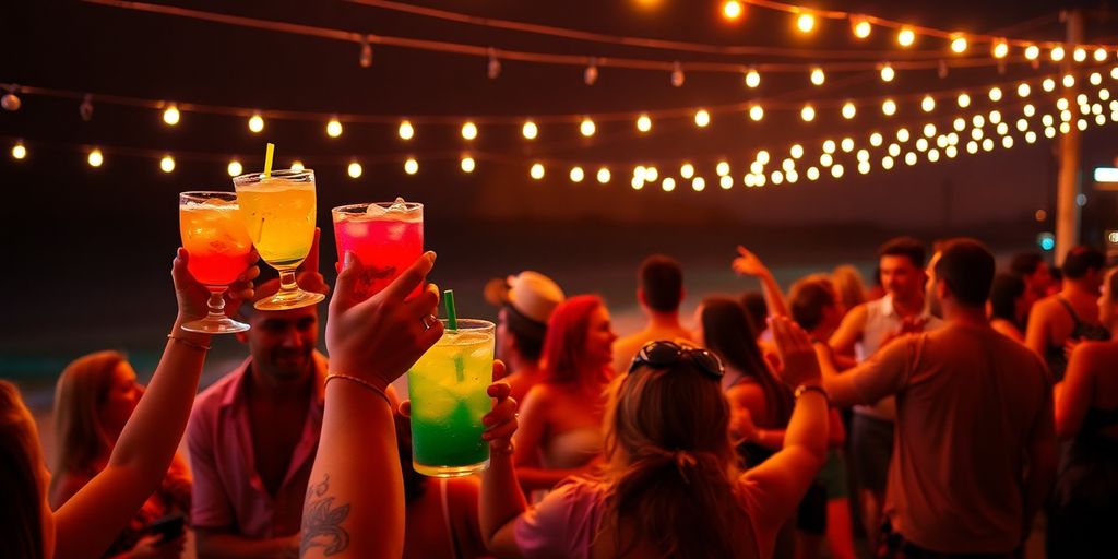 Tourists enjoying lively beach party at night.