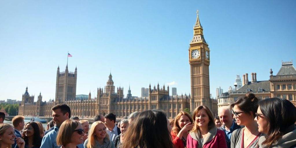 London skyline, diverse people, European landmarks.