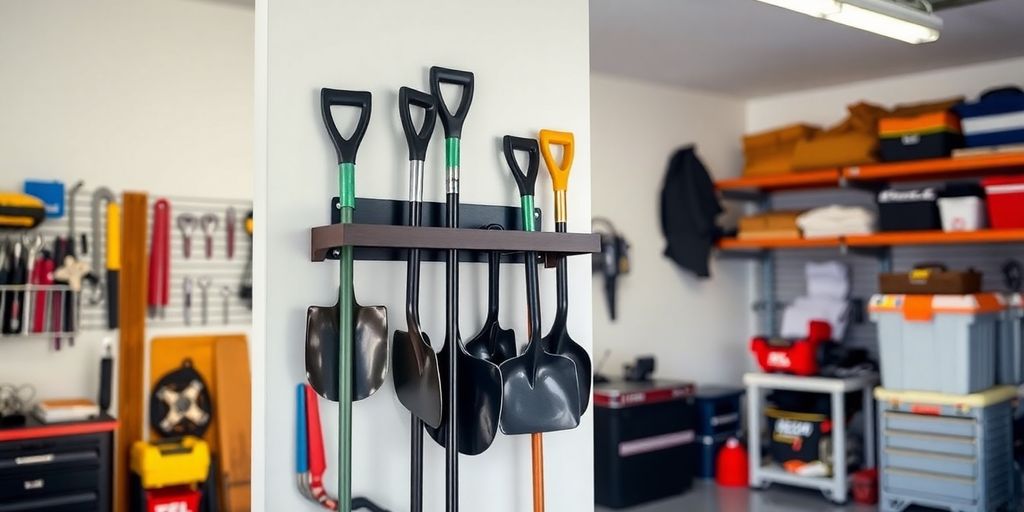 Garage with a wall-mounted shovel holder and organized tools.