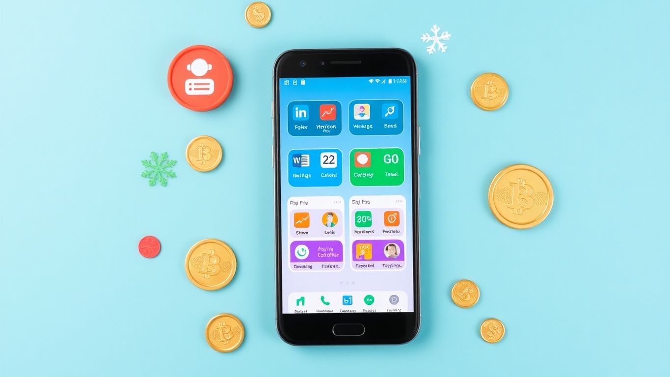 Imagem de smartphone com aplicativos de finanças em destaque.