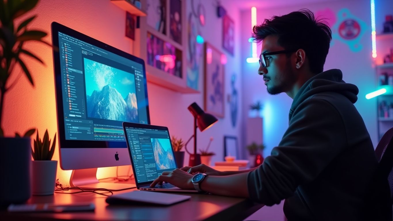Person creating videos with AI on a laptop.