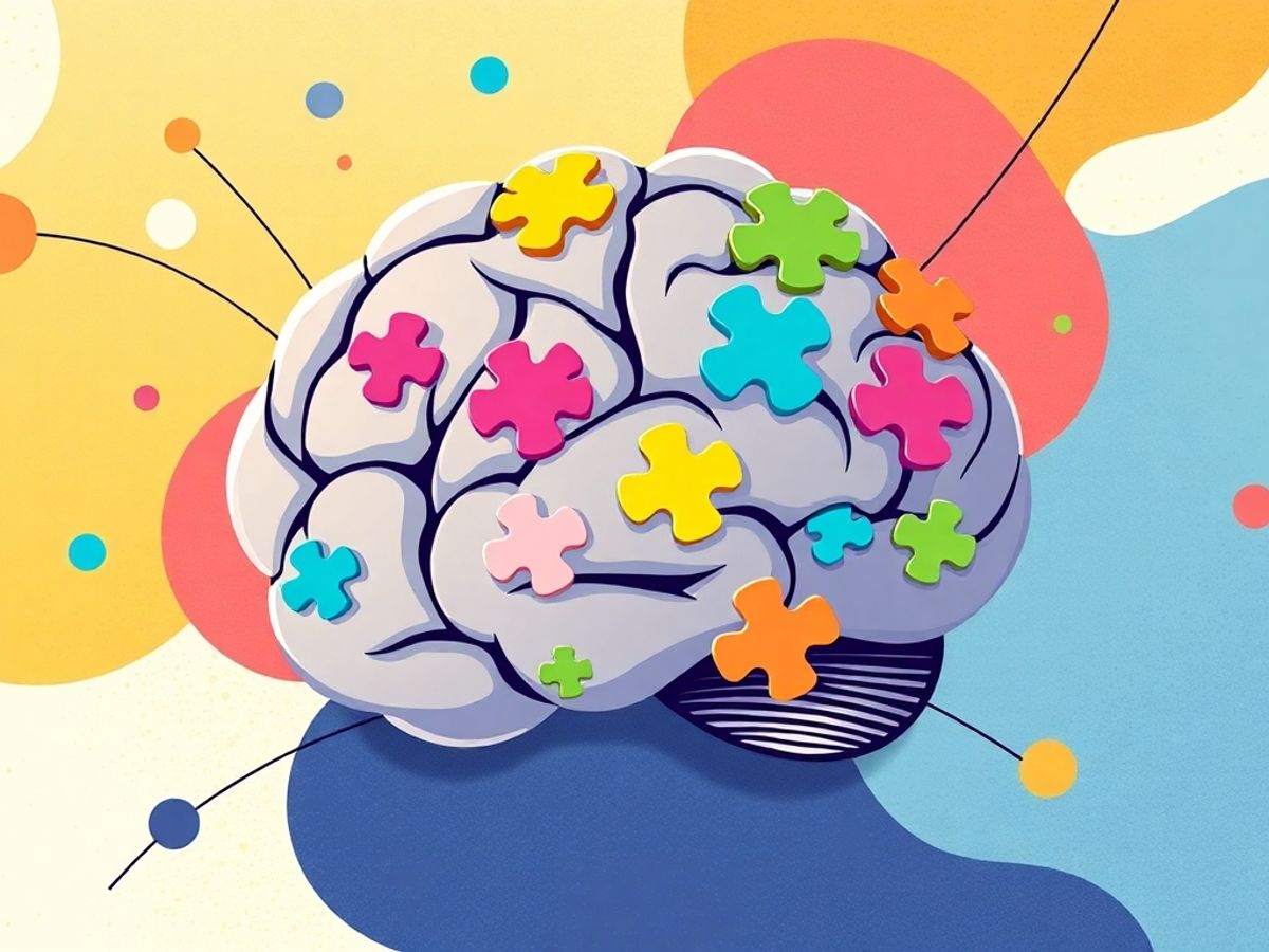 Illustration of a brain with colorful puzzle pieces.