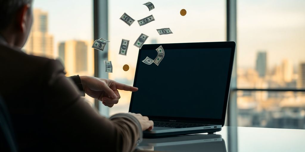Person pointing at a laptop with money floating around it.