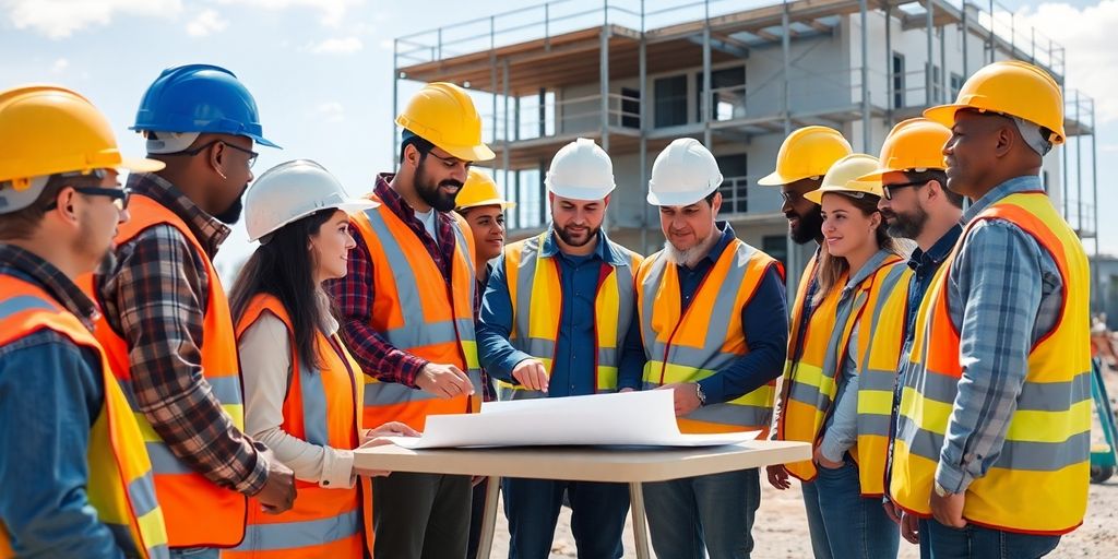 Construction team reviewing blueprints on site