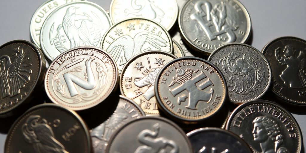 Close-up of assorted junk silver coins on display.