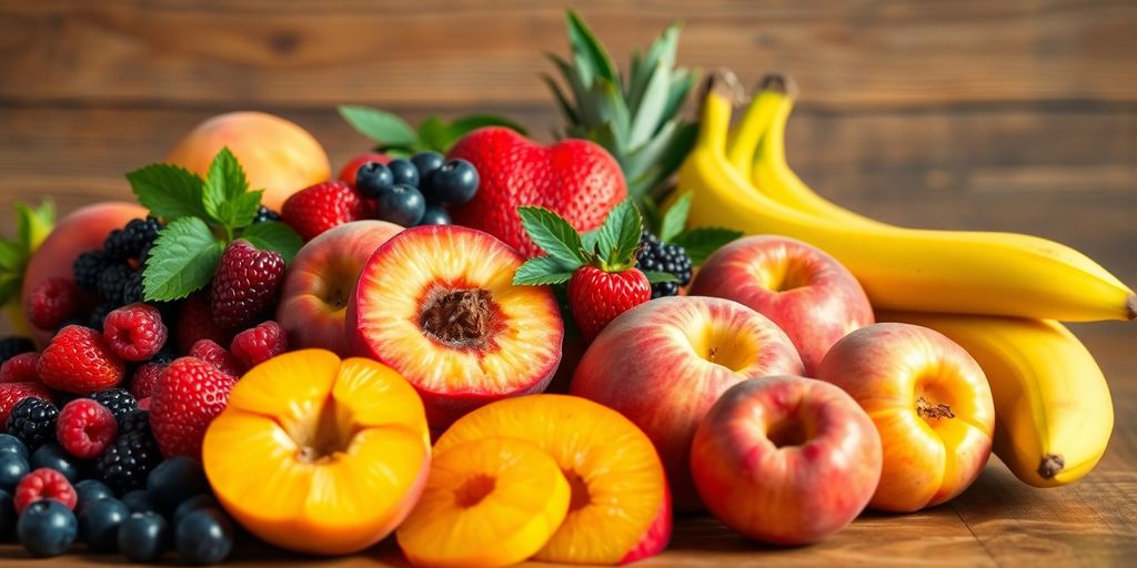 Colorful ripe fruits arranged on a rustic wooden table.