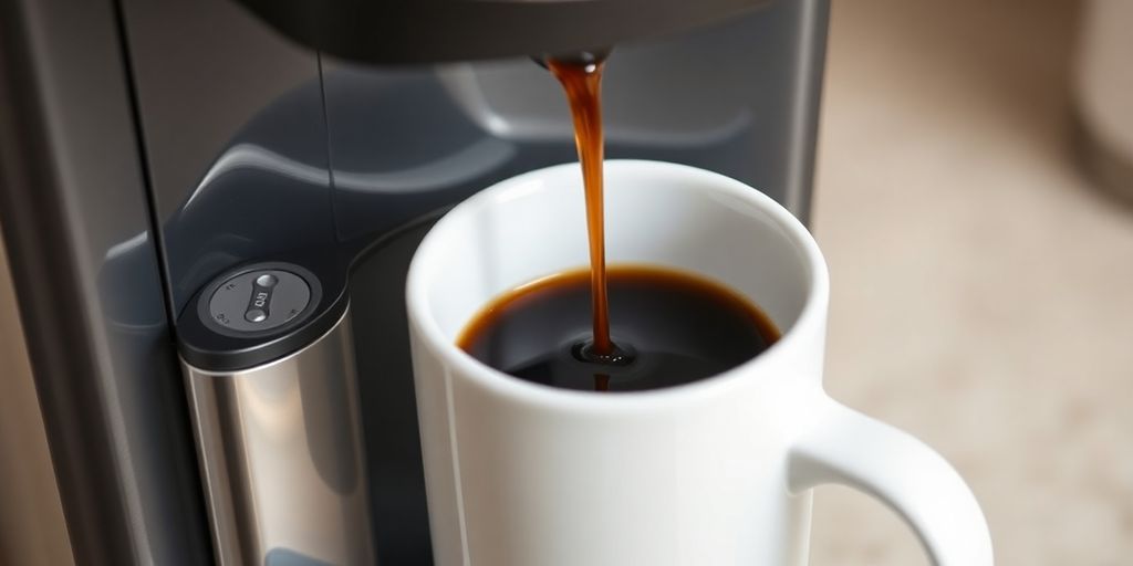 Close-up of Keurig machine brewing coffee into a white mug.