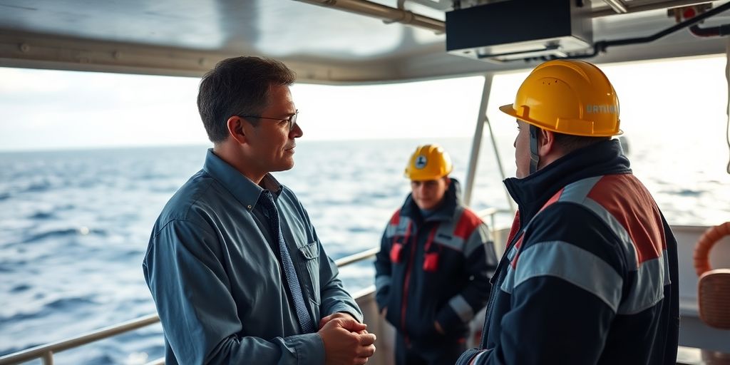 Maritime attorney with offshore workers discussing legal matters.