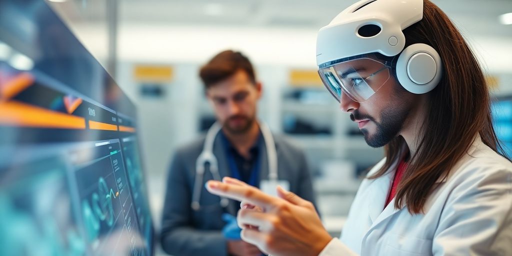Researcher using advanced technology in a modern lab.