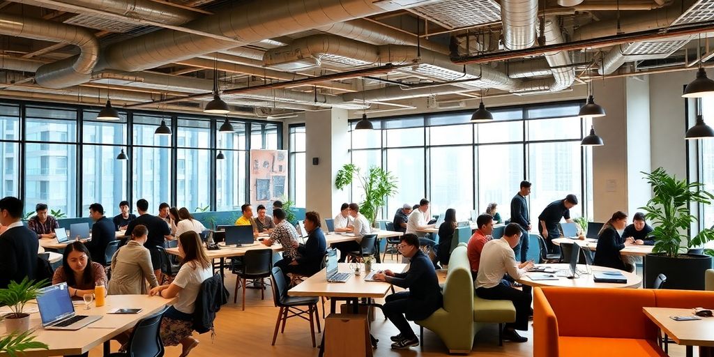Bright co-working space with people collaborating and working.