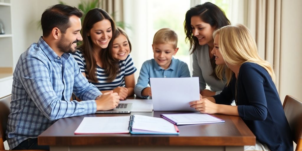 Família reunida planejando finanças com documentos na mesa.