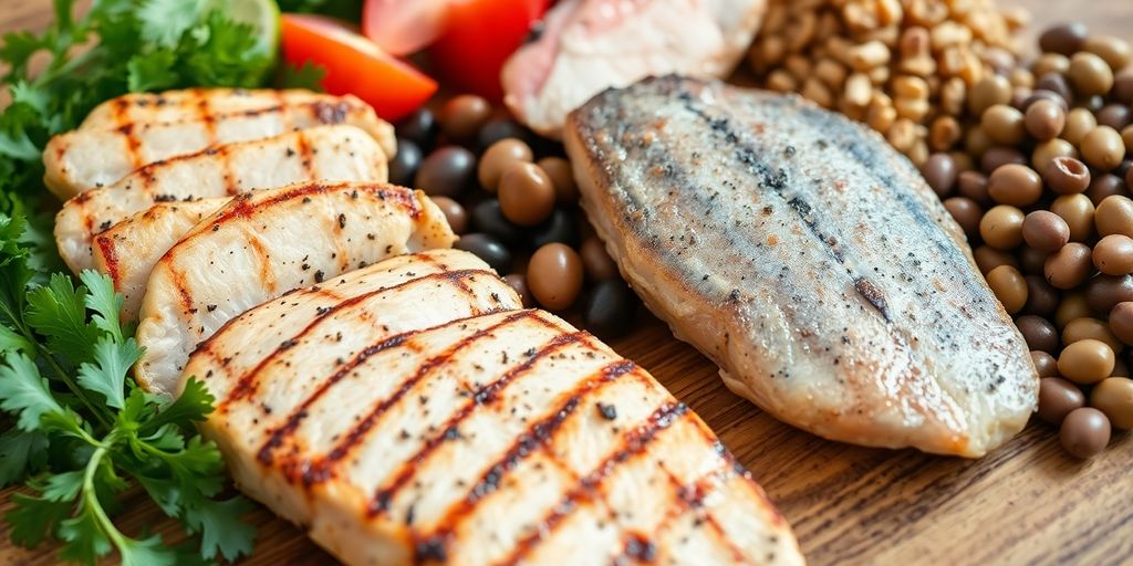 Grilled chicken, fish, and legumes on a wooden table.