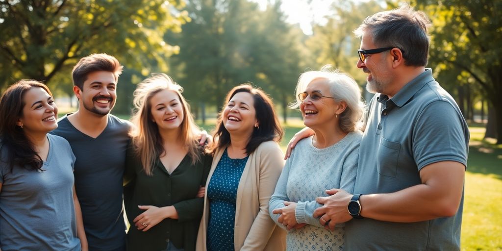 Diverse group laughing, embracing in sunny park.
