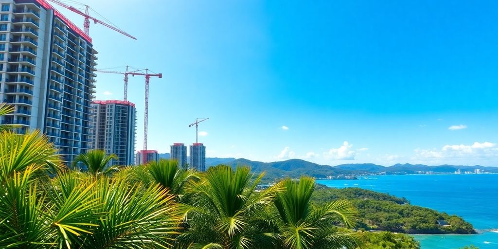 Phuket high-rise flats construction, cranes, sunny tropical island scene.