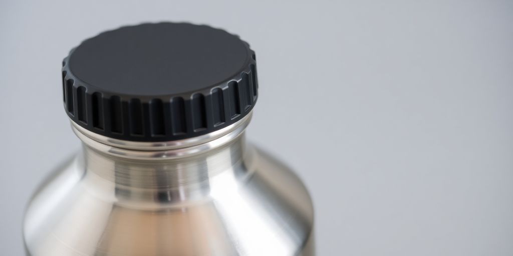 Stainless steel insulated growler with a black lid.