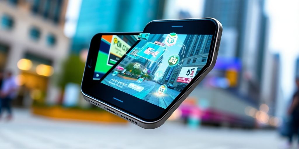 iPhone with augmented reality graphics in urban setting.