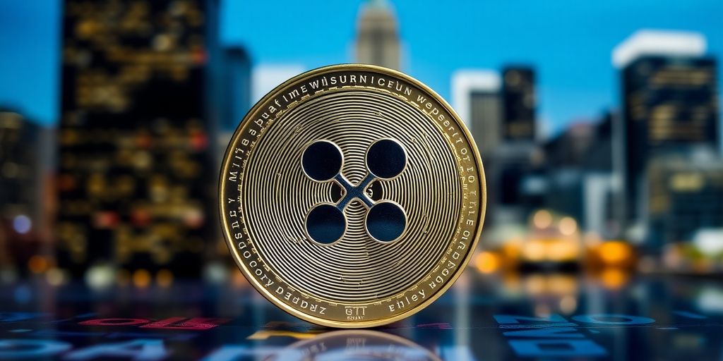 Ripple crypto coin with city skyline background.