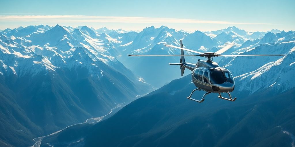 A helicopter flying over a vast, snowy mountain range.