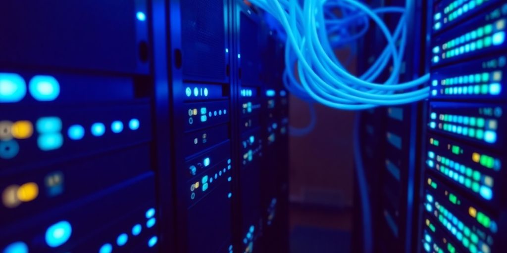 Photograph of interconnected computer servers in a data center.