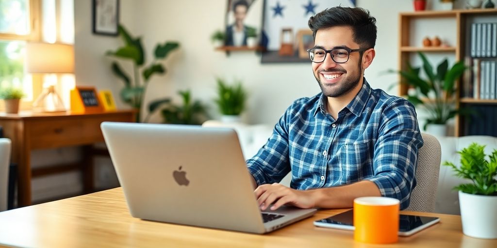 Freelancer working on a laptop in a cozy office.